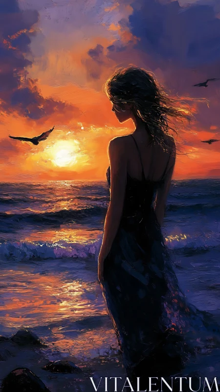 Solitary woman studies blazing ocean sunset horizon.