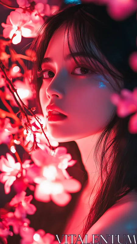 Neon-lit close-up portrait beside pink bokeh blossoms at night