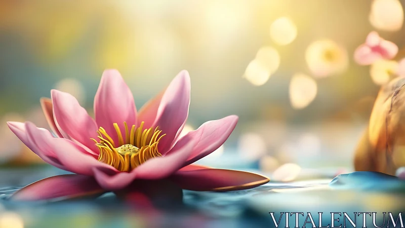 Pink waterlily in luminous bokeh with reflective surface focus.