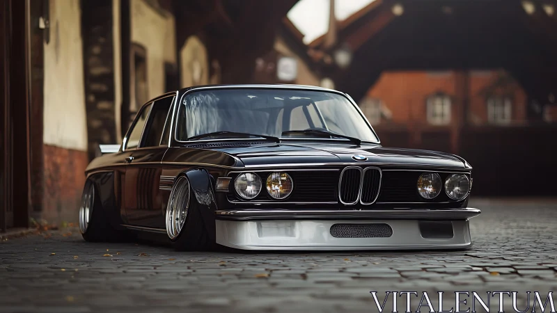 Low-slung classic BMW sedan on cobblestone urban street.