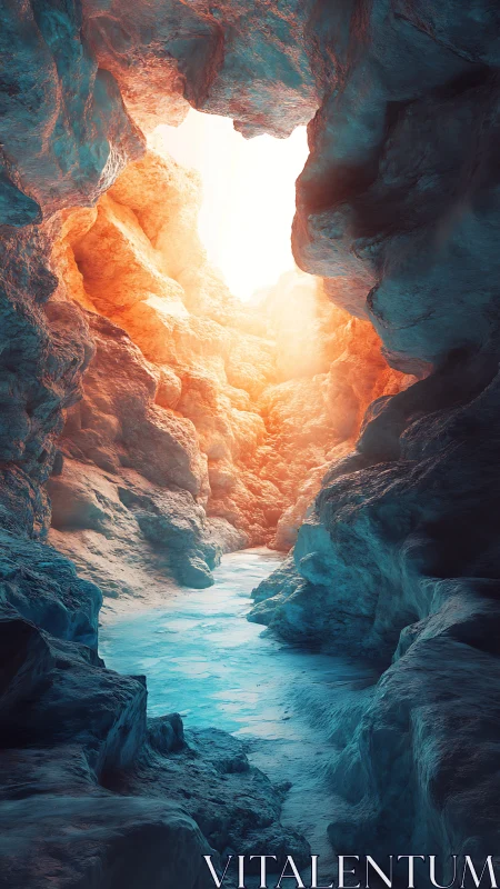 Sunlit ice cave passage with warm and cool contrast.