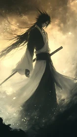 Solitary swordsman silhouette in stormlit swirling vapors.