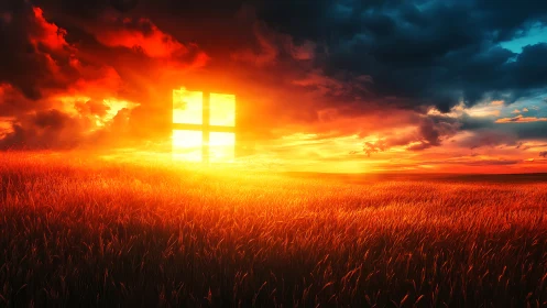 Glowing window symbol rises over fiery sunset wheat field