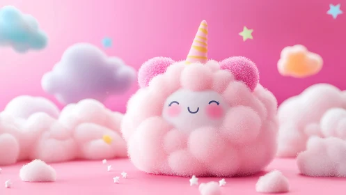 Pink cloud unicorn character in cute fantasy landscape.