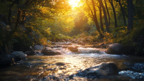 Golden evening sunlight gently warms a peaceful forest stream