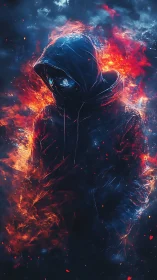 Hooded cyber figure stands amid swirling fire and smoke