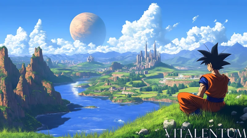 Wanderer in orange gazes over river kingdom and twin skies.