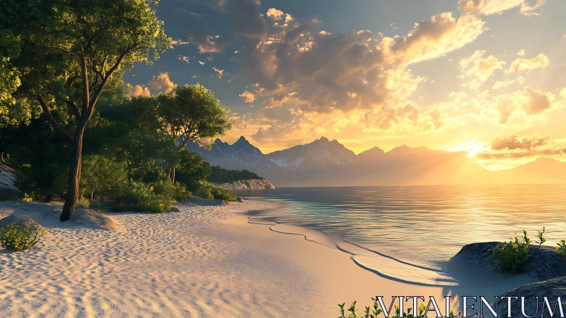 Tropical Beach Paradise at Golden Hour Sunset