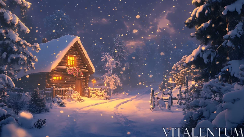 Snow-laden cabin at dusk rendered in warm cinematic lighting