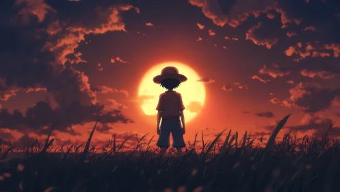 Silhouetted child in straw hat stands before intense sunset