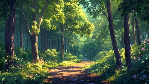 Sunlit Forest Path Through Towering Ancient Trees