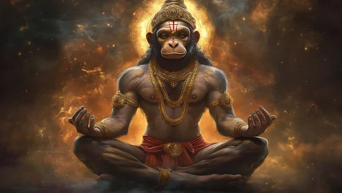 Divine simian yogi meditating in cosmic firelit nebula halo