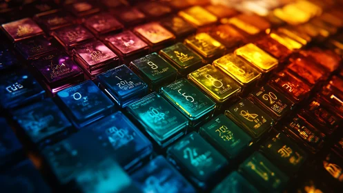 Colored glass tiles with scientific symbols in grid layout.