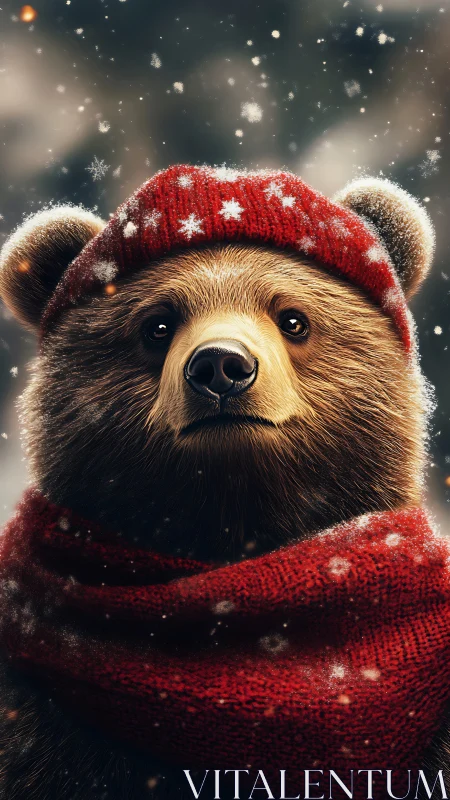 Winter portrait of bear in knitted red hat and scarf under snow