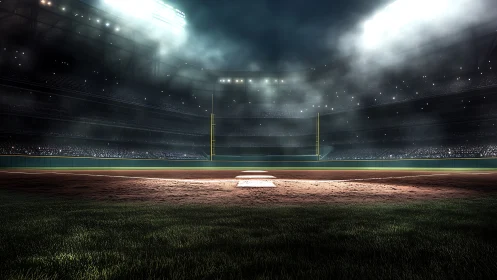 Night baseball diamond under floodlights with foggy stadium