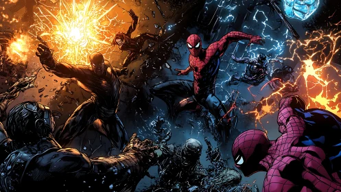 Dynamic comic battle composition emphasizes kinetic lighting effects