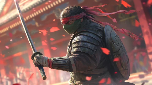 Armored swordsman pivots mid-swing amid red petal motion blur