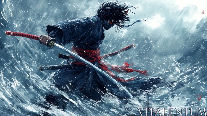 Storm-lit samurai dancing with waves and restless steel.