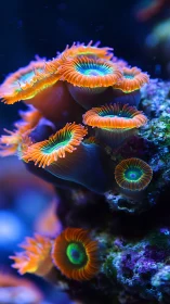 Close-up view of fluorescent coral polyps in aquarium reef.