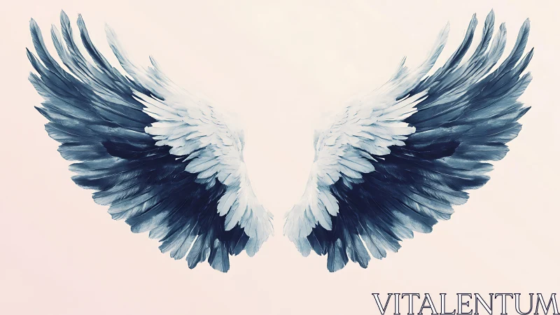 Symmetrical blue and white feathered wings on pale background.
