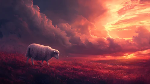 Solitary sheep on hillside under dense red sunset sky.