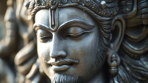 High-relief metal deity face sculpture with shallow depth focus