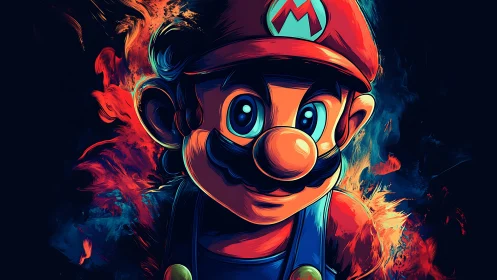 Digital portrait of cartoon plumber in vivid neon colors.