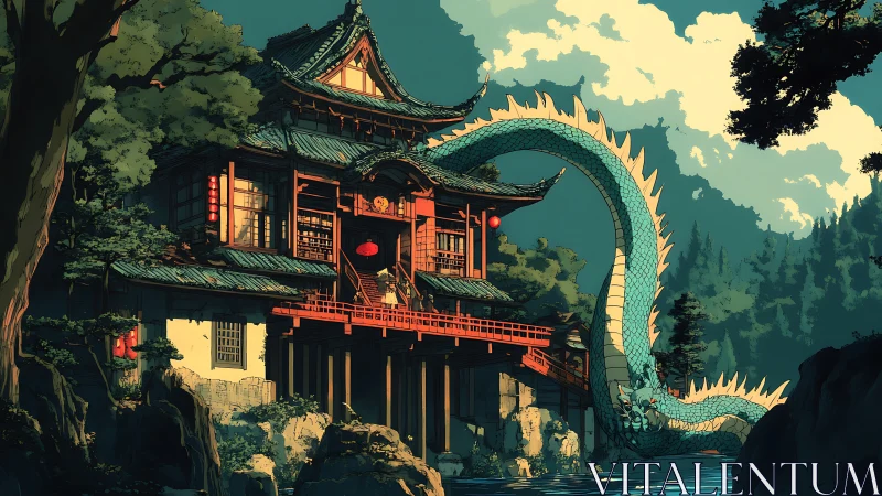 Mythic dragon coils around remote Japanese mountainside temple.