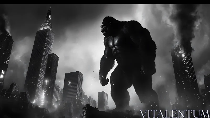 Giant gorilla towers over dark ruined city skyline.