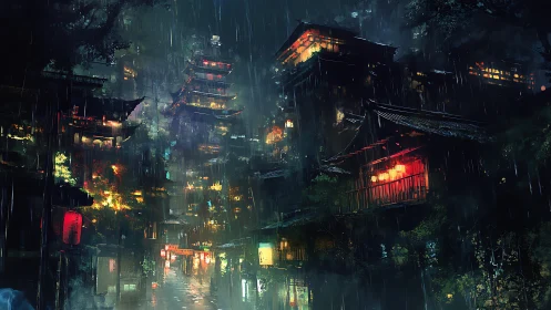 Rain-soaked night city shows dense lantern-lit hillside buildings