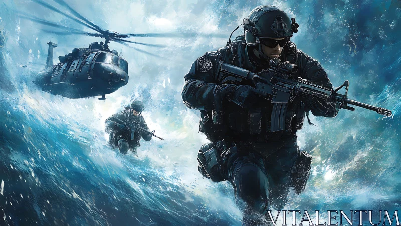 Armed soldiers move through turbulent water as helicopter hovers