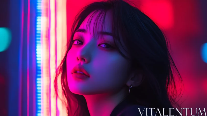 Neon-saturated portrait under asymmetric magenta cyan keylighting.