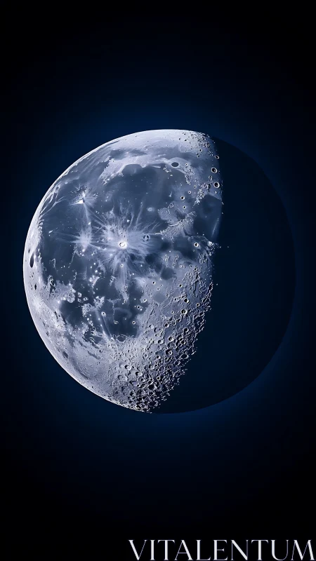 Crescent moon glows in deep blue night sky detail.