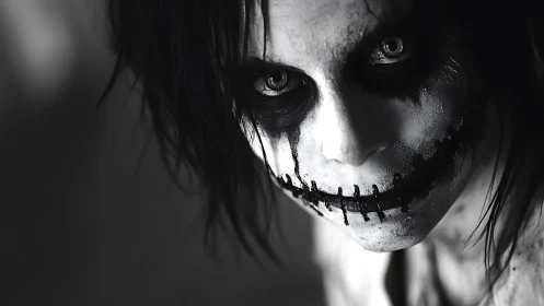 Sinister skull face makeup portrait in harsh contrast.