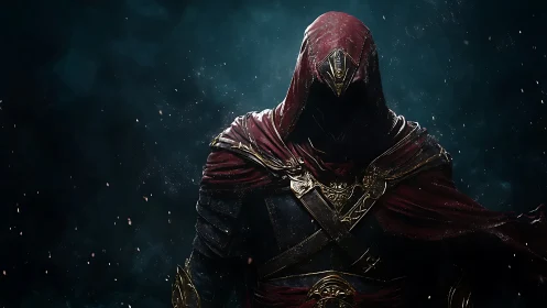 Hooded warrior rendered with high-contrast lighting and ornate armor