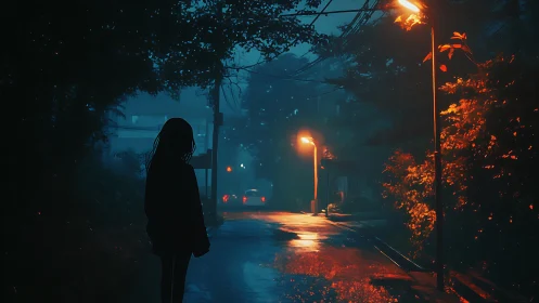 Nocturnal alleyway silhouette under sodium vapor streetlamps.