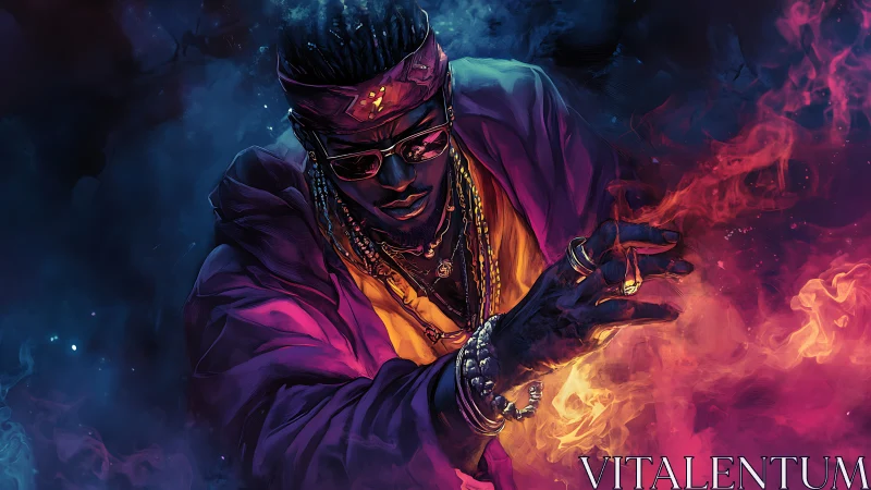 Hypnotic sorcerer in neon smoke conjures vivid street magic