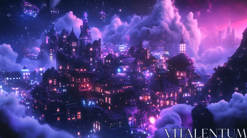 Neon cloudborne metropolis hums softly under a cosmic night