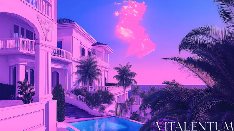 Neon sunset villa with infinity pool and tropical palm foliage