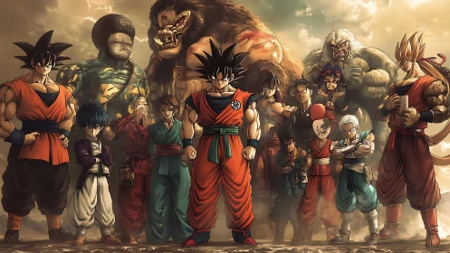 Group of anime warriors in dramatic desert lineup scene.