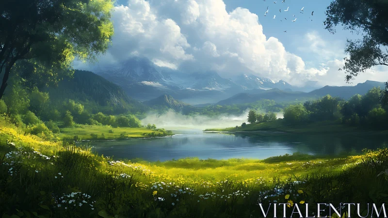 Peaceful mountain lake embraced by sunlit wildflower meadows.