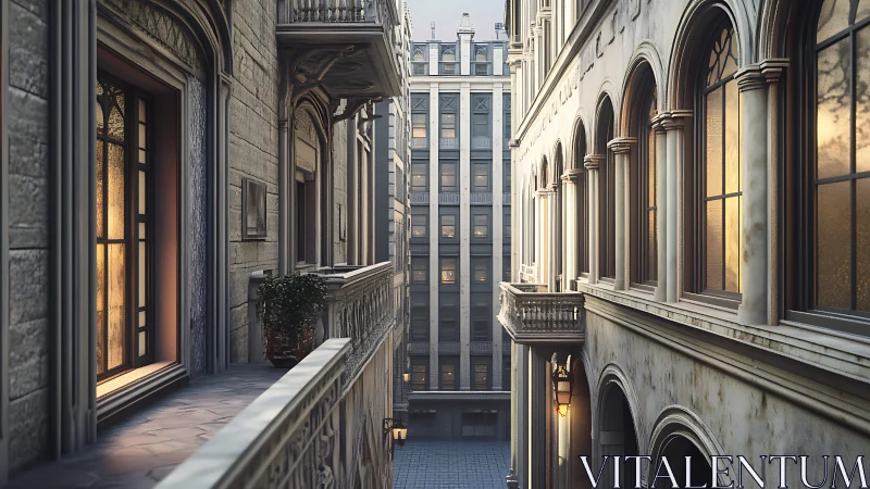 Symmetrical neoclassical alleyway rendered in soft evening light