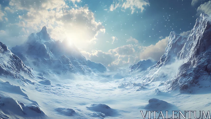 Glacial basin illuminated by backlit sun over alpine ridges