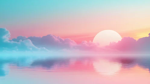 Dreamy pastel sunset over calm water and cotton clouds.