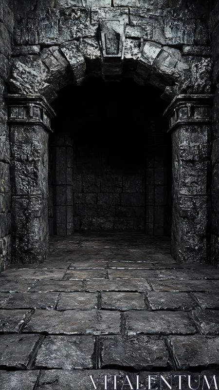 Ancient stone dungeon archway with dark shadowed passage.