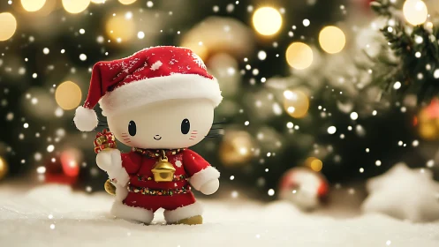 Cute cartoon cat in Santa suit with snowy lights bokeh