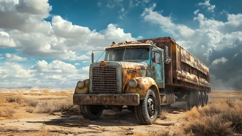 Rusted desert freight truck under towering storm clouds.