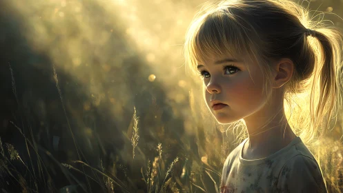 Golden backlit portrait of young girl in sunlit meadow.