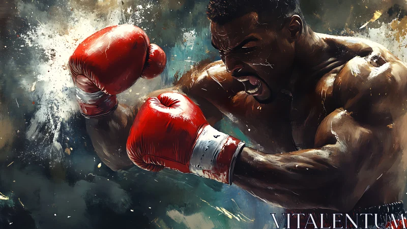 Two boxers engage in combat with red gloves during match.