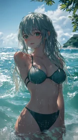 Silver haired anime swimmer under bright tropical sun.